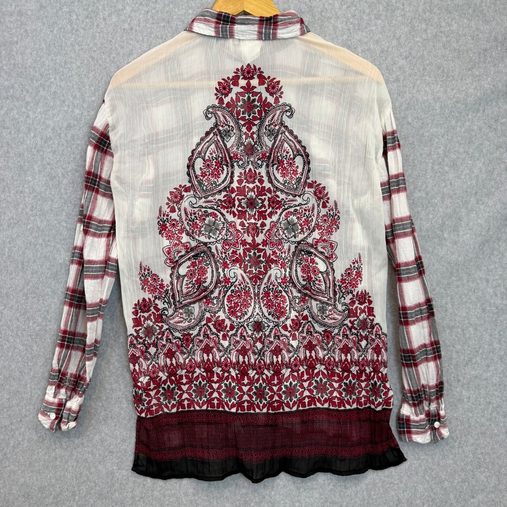 White Crow XS Plaid Blouse Paisley Shirt Sheer Back Button Up Boho Western Artsy